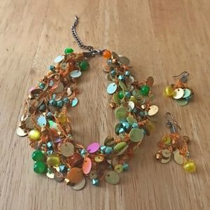 Beaded Orange & Green Necklace Choker  Earrings